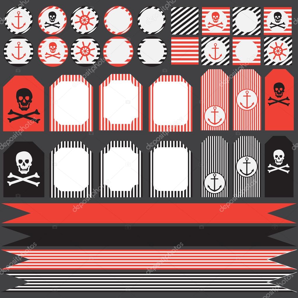 Printable set of vintage pirate party elements. Templates, labels, icons and wraps