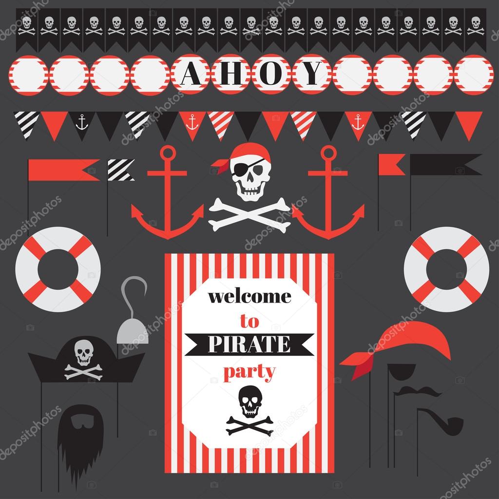Printable set of vintage pirate party elements. 