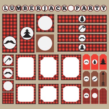 Printable set of vintage Lumberjack party elements. Templates, labels, icons and wraps. clipart