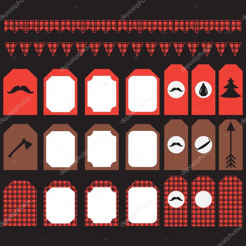Printable set of vintage Lumberjack party elements. Templates, labels, icons and wraps. Trendy Hipster Buffalo Check ,Tartan and Gingham Patterns.