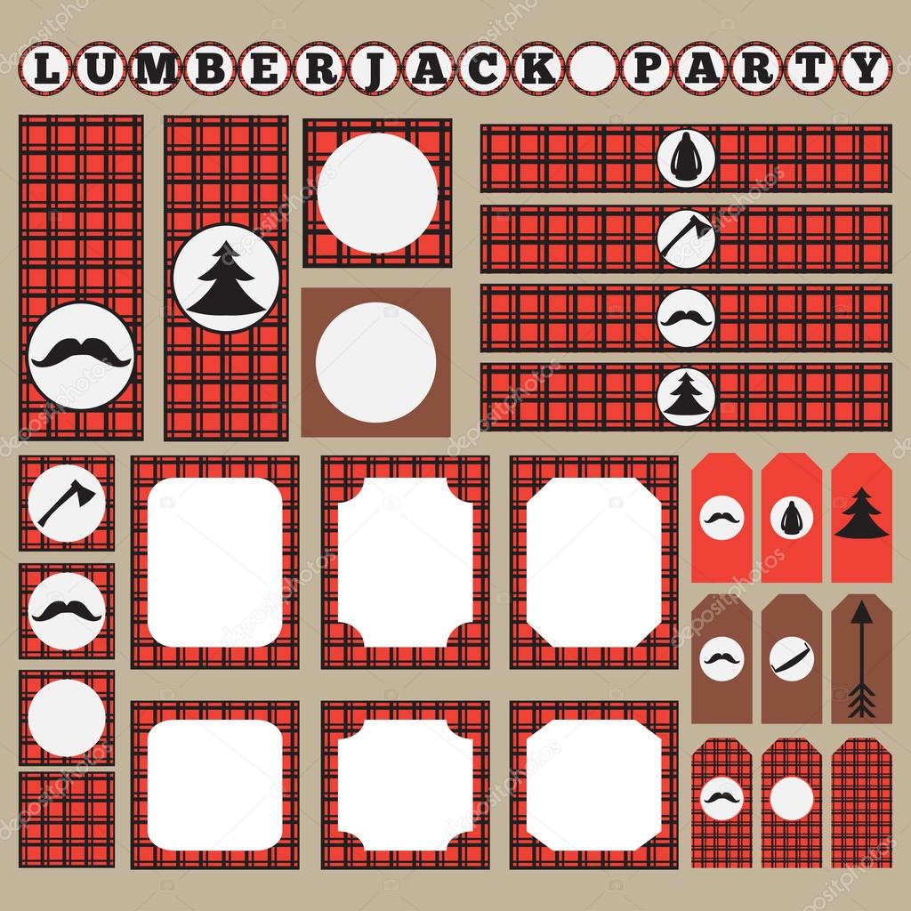 Printable set of vintage Lumberjack party elements. Templates, labels, icons and wraps. Trendy Hipster Buffalo Check ,Tartan and Gingham Patterns.
