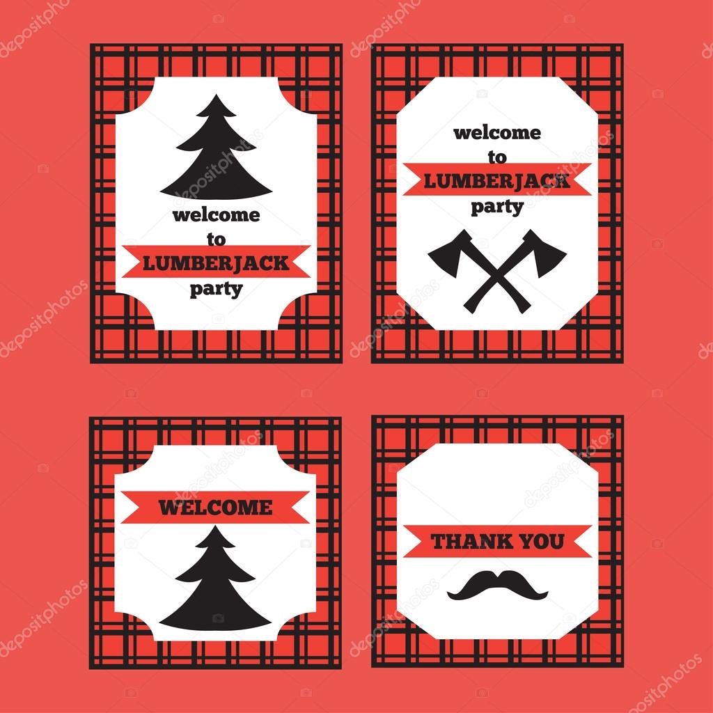 Printable set of vintage Lumberjack invitation and welcome cards with trendy Hipster Buffalo Check ,Tartan and Gingham Patterns.
