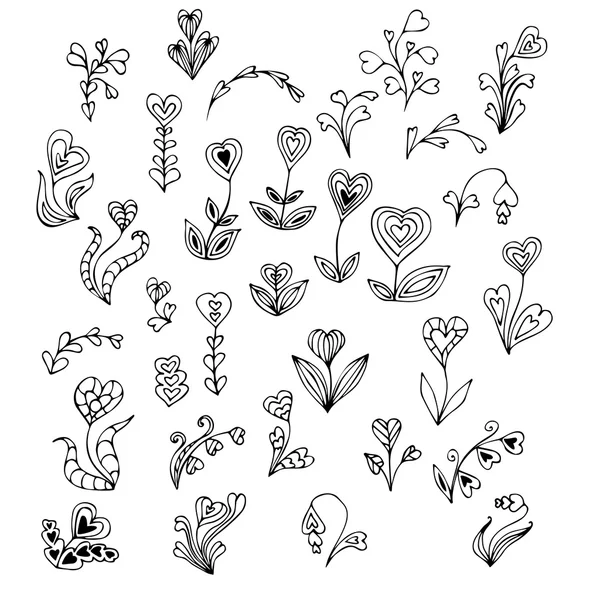 Doodle elle çizilmiş kalp çiçekler — Stok Vektör