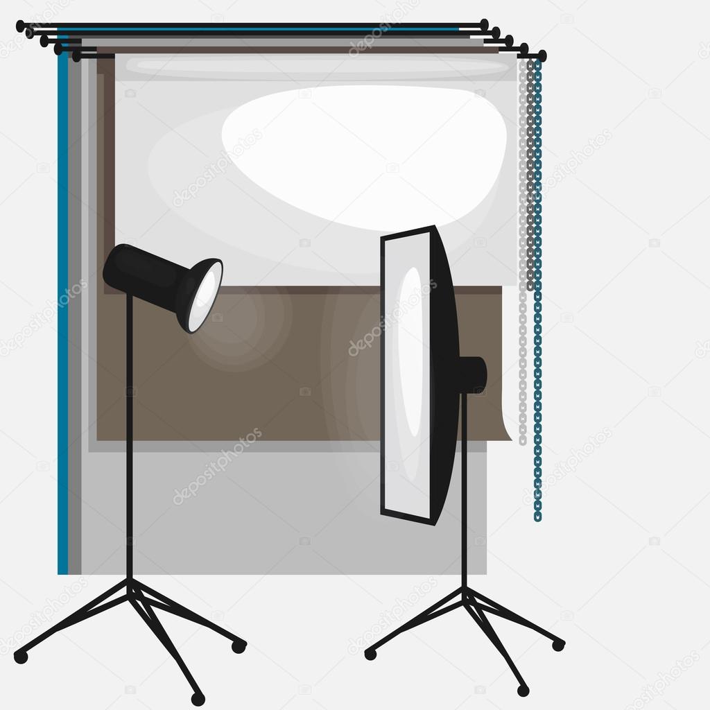 Set of photo studio equipment, paper photo background, light soft flat icons,  flash, reflector, softbox