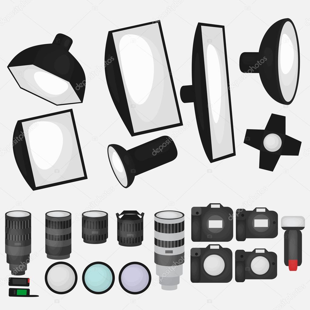 Set of photo studio equipment, light soft, camera and optic lenses flat icons