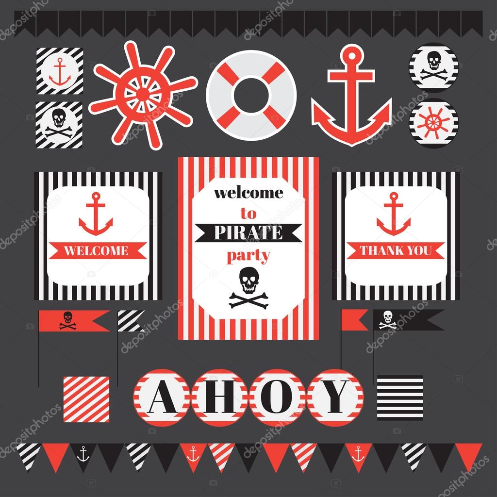 Printable set of vintage pirate party elements. 