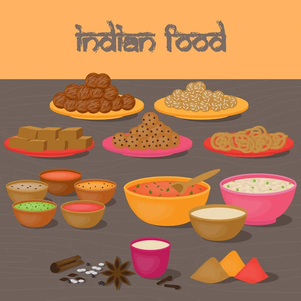 Cuisine indienne védique, ensemble d'aliments végétariens sains — Image vectorielle