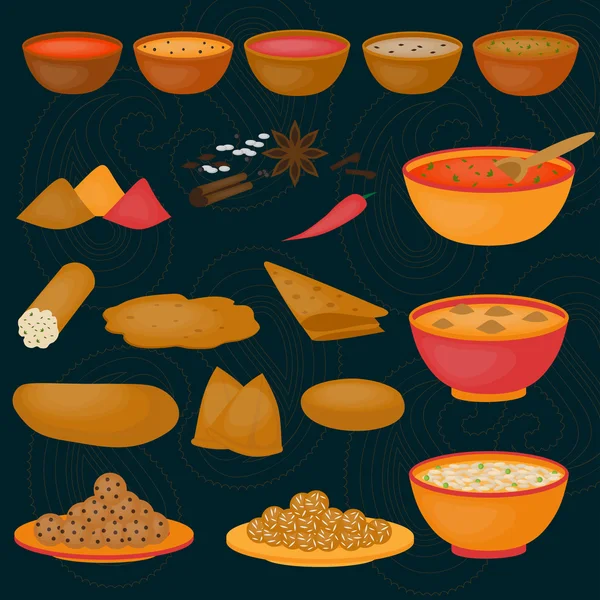 Cocina india védica, conjunto de comida vegetariana saludable — Archivo Imágenes Vectoriales