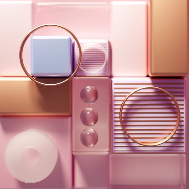 Küpler ve toplarla modern minimalizm fütüristik arka plan. 3d illüstrasyon, 3d canlandırma