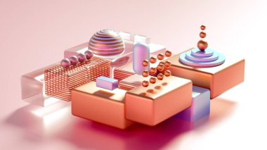 Küpler ve toplarla modern minimalizm fütüristik arka plan. 3d illüstrasyon, 3d canlandırma