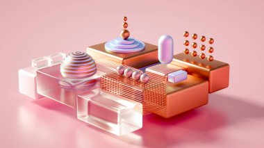 Küpler ve toplarla modern minimalizm fütüristik arka plan. 3d illüstrasyon, 3d canlandırma