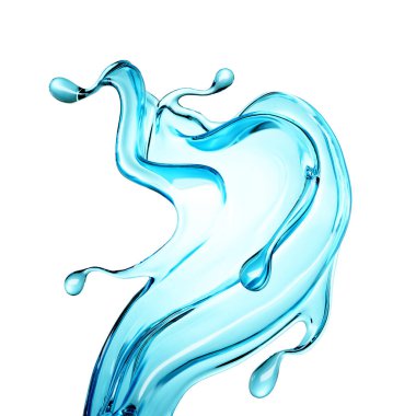 Beyaz arka planda berrak mavi bir su damlası. 3d illüstrasyon, 3d canlandırma.