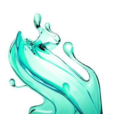 Beyaz arka planda şeffaf turkuaz su sıçraması. 3d illüstrasyon, 3d canlandırma.