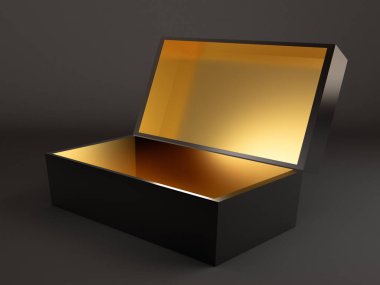 Güzel bir hediye paketi, siyah arka planda altın sarısı. 3d illüstrasyon, 3d canlandırma.