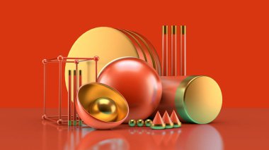 Bir grup nesne, arkaplan ve soyutlama ile etkili bileşim. 3d illüstrasyon,