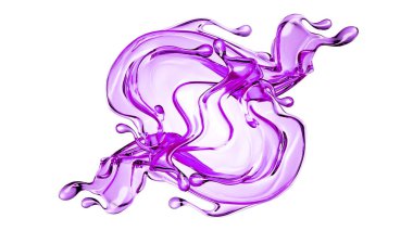 Temiz menekşe sıvısı serpintisi. 3d illüstrasyon, 3d canlandırma.