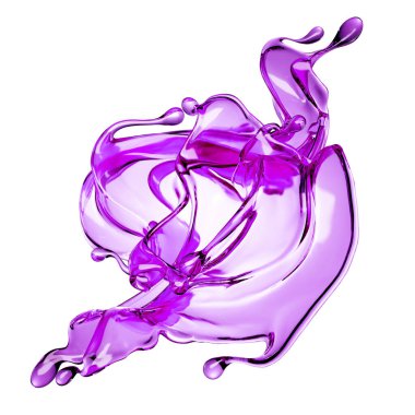 Temiz menekşe sıvısı serpintisi. 3d illüstrasyon, 3d canlandırma.