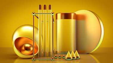 Bir grup nesne, arkaplan ve soyutlama ile etkili bileşim. 3d illüstrasyon,