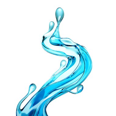 Beyaz arka planda berrak mavi bir su damlası. 3d illüstrasyon, 3d canlandırma.