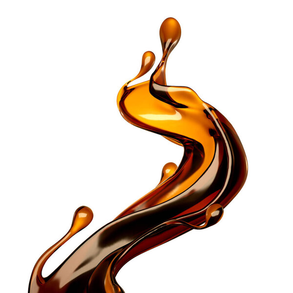 Splash of brown transparent liquid. 3d illustration, 3d rendering.
