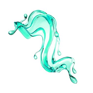 Beyaz arka planda şeffaf turkuaz su sıçraması. 3d illüstrasyon, 3d canlandırma.