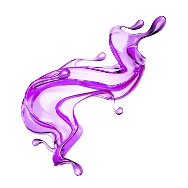 Temiz menekşe sıvısı serpintisi. 3d illüstrasyon, 3d canlandırma.