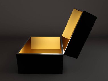 Güzel bir hediye paketi, siyah arka planda altın sarısı. 3d illüstrasyon, 3d canlandırma.