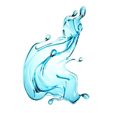 Beyaz arka planda berrak mavi bir su damlası. 3d illüstrasyon, 3d canlandırma.