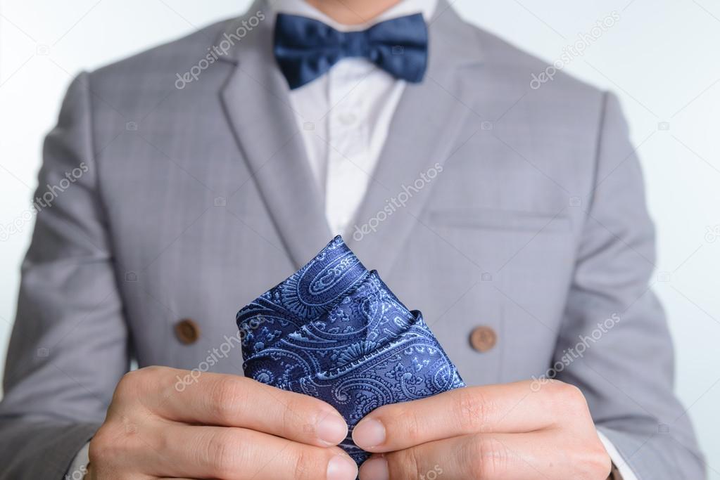 grey suit plaid texture, bowtie, pocket square