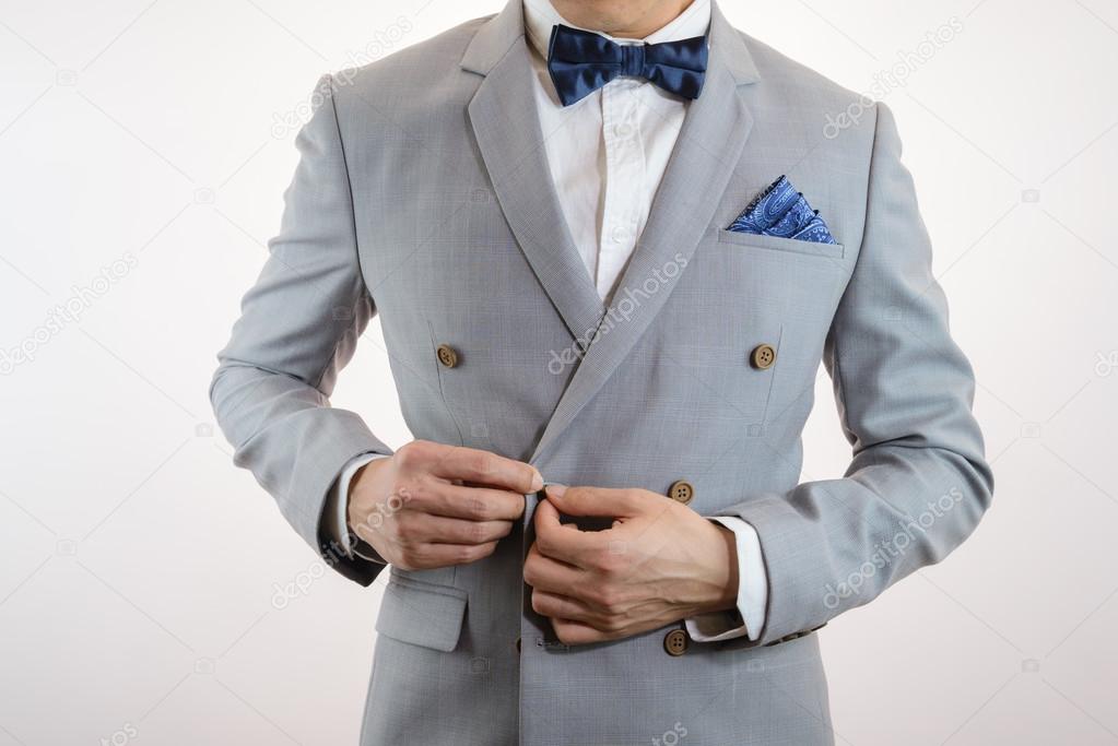 grey suit plaid texture, bowtie, pocket square