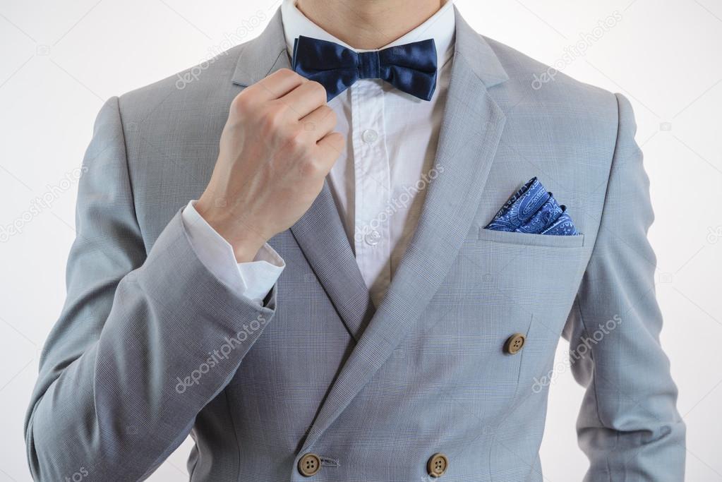 grey suit plaid texture, bowtie, pocket square