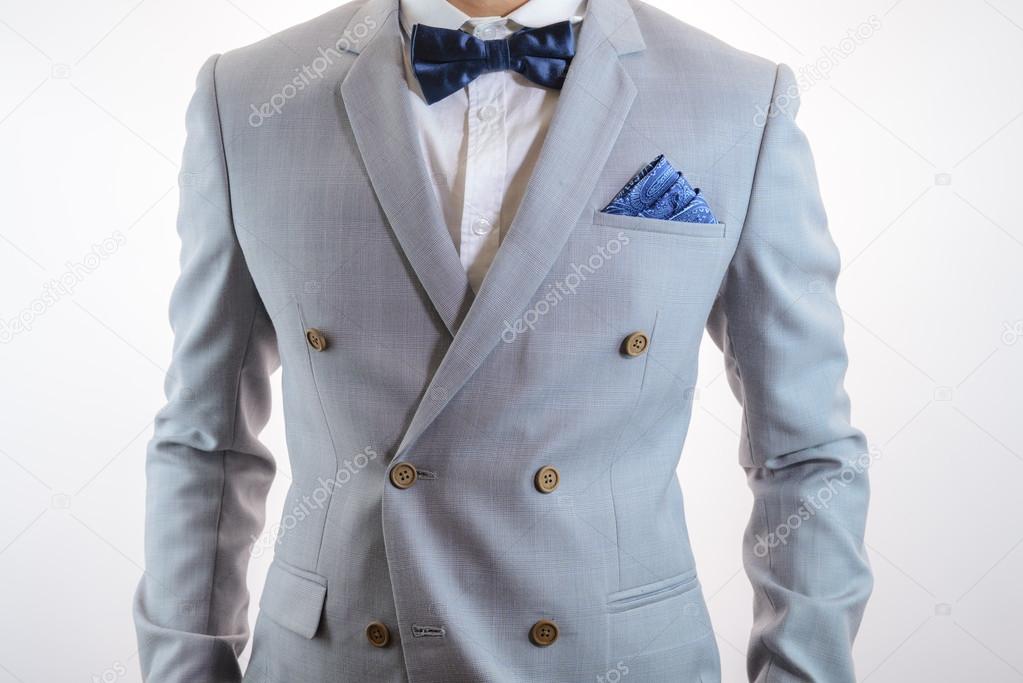 grey suit plaid texture, bowtie, pocket square