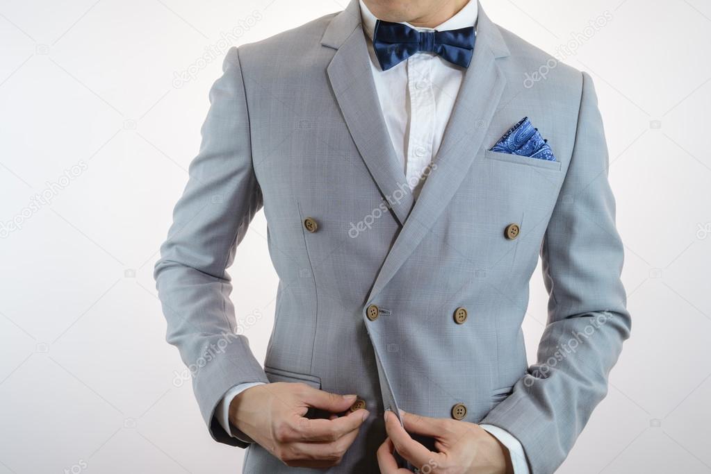 grey suit plaid texture, bowtie, pocket square