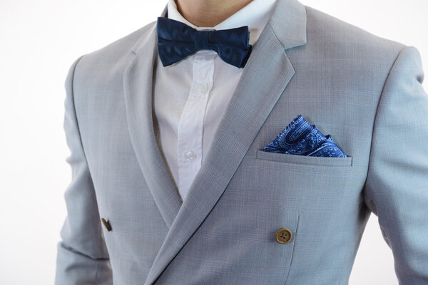 grey suit plaid texture, bowtie, pocket square