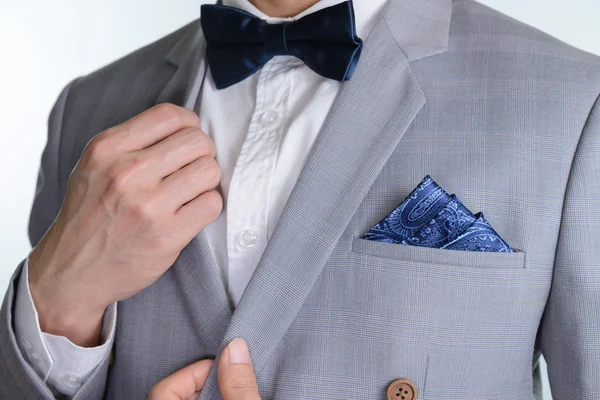 Grey suit plaid texture, bowtie, pocket square — Stock Photo, Image