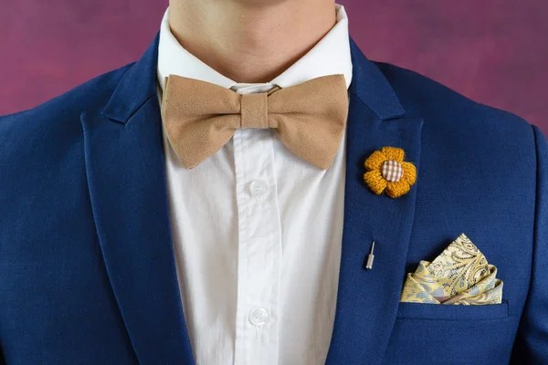 Man in blue suit bowtie, pocket square — Stock Photo, Image