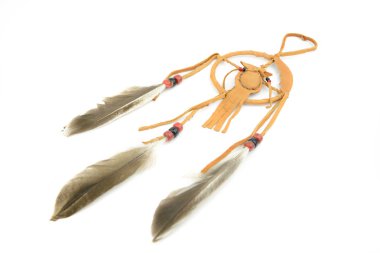 El yapımı rüya yakalayıcı, kahverengi deri ve tüy