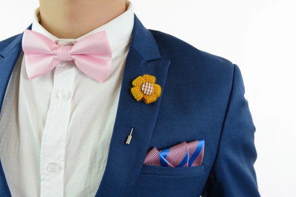 Man in blue suit bowtie, pocket square — Stock Photo, Image