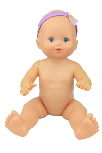 Naked baby doll sitting pose, isolate background — Stock Photo, Image