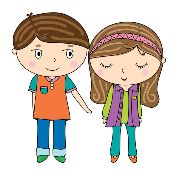 Милий хлопчик і дівчина мультфільм значок, досягає руки, сором'язлива жінка, довгий — стоковий вектор