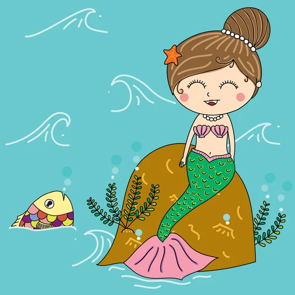 Illustration of mermaid in the sea with colorful fish, smiling f — Stock Vector