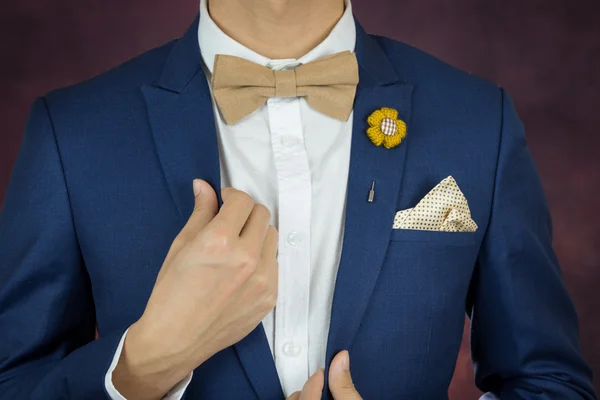 Man in blue suit bowtie, brooch, handkerchief — Stock Photo, Image