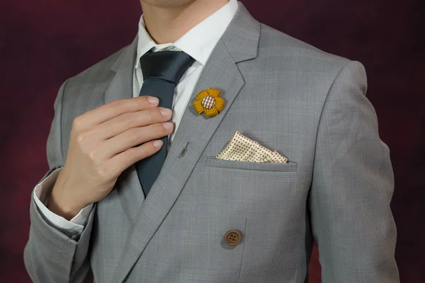 Traje gris textura a cuadros, corbata, broche, pañuelo — Foto de Stock