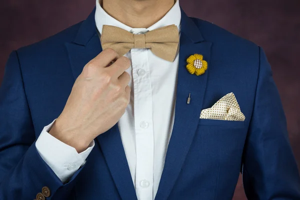 Man in blue suit bowtie, brooch, handkerchief — Stock Photo, Image