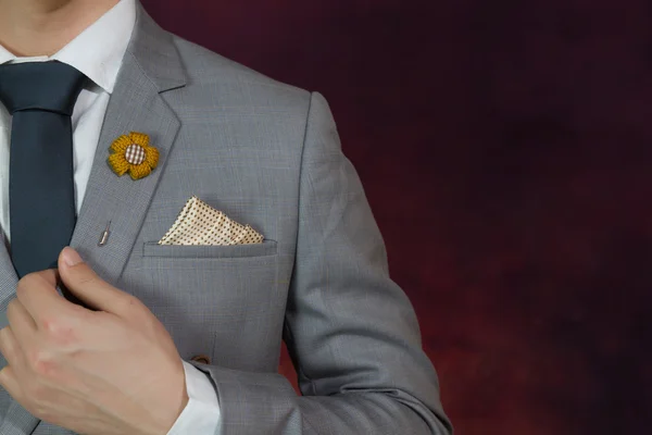 Terno cinza textura xadrez, gravata, broche, lenço — Fotografia de Stock