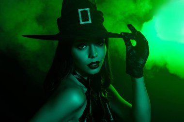 A mesmerizing depiction of a stylish witch in green lighting, perfect for Halloween scenes or magical themes. Great for festive and seasonal illustrations.