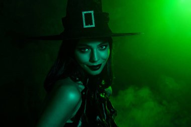A stylish witch dressed in black with a chic hat mesmerizes against a captivating green and smoky ambiance her allure undeniable