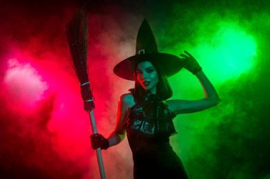 Halloween-themed depiction of a stylish witch in a black outfit and hat, holding a broomstick amidst colorful fog, showcasing a festive and enchanting atmosphere.