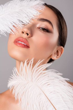 Güzel makyajlı, beyaz tüylü, zarif ve alımlı esmer bir kadının yakın plan görüntüsü. Gri bir arkaplanla yakalanan bu fotoğraf güzelliği ve entelektüeli vurguluyor..