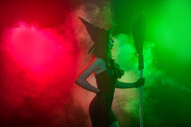 Süpürgeyle poz veren siyah bir elbise ve şapka giyen şık bir cadı. Renkli kırmızı ve yeşil sis kutlamanın büyülü ve gizemli havasını belirler.